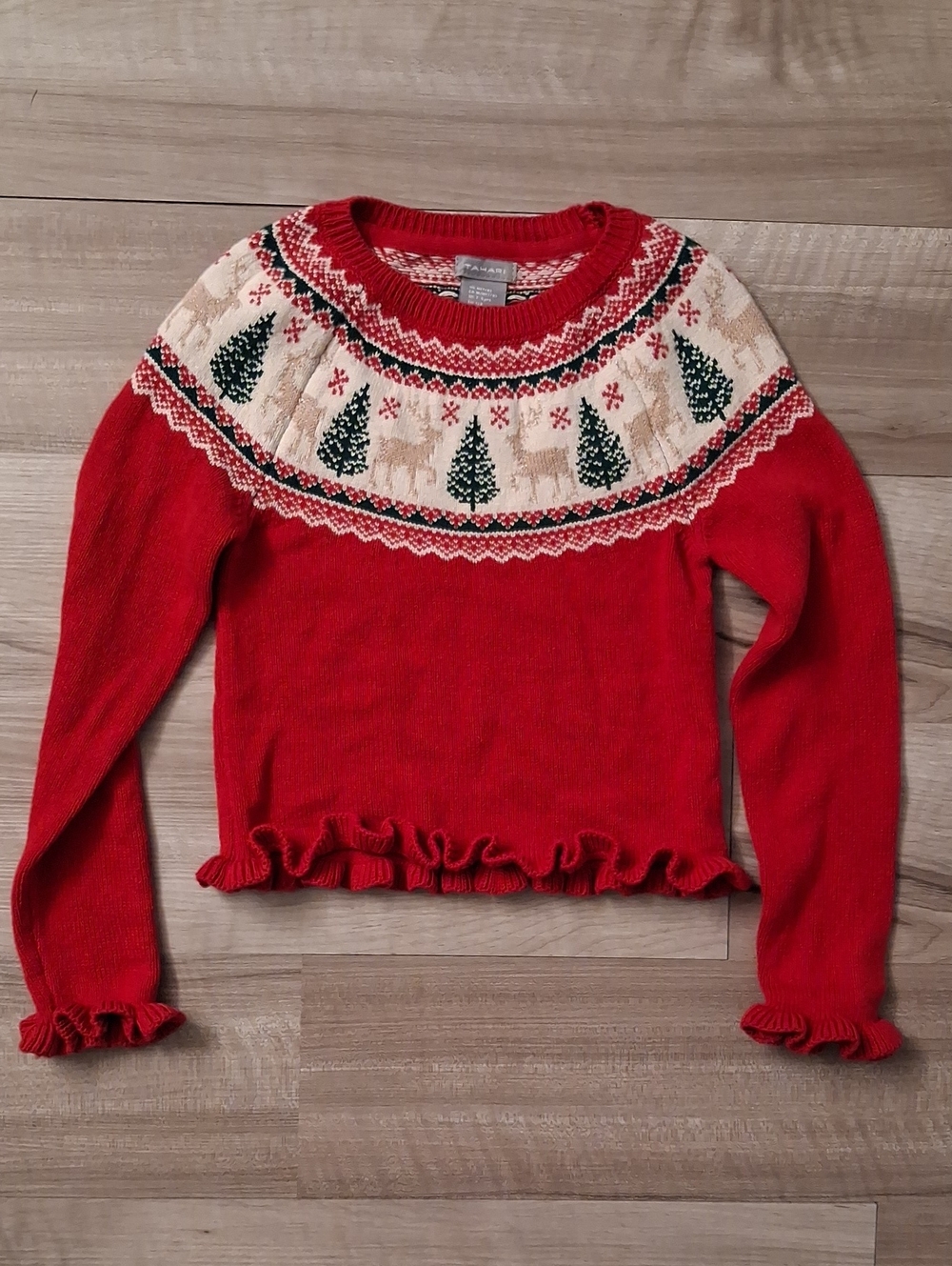 Tahari Red Sweater Holiday Christmas Ruffles Reindeer Size 7-8 Girls (L)